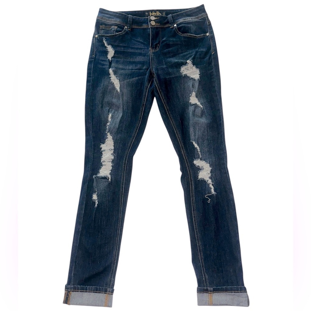 Indigo Rein Women's Distressed Cuffed Ankle Blue Jeans Mid Rise Size 30 Waist
